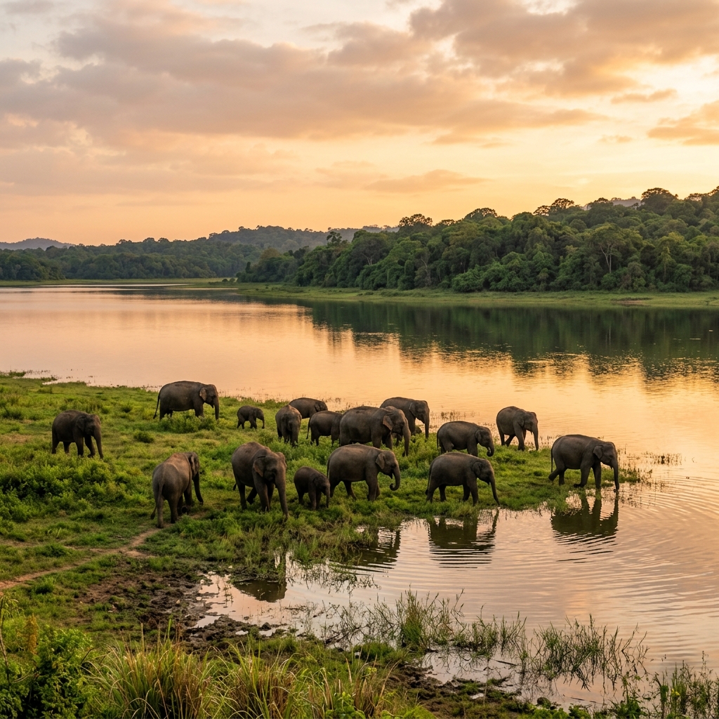 Wide-angle landscape of wild elephants grazing at the edge of the Kalavava reservoir during golden hour